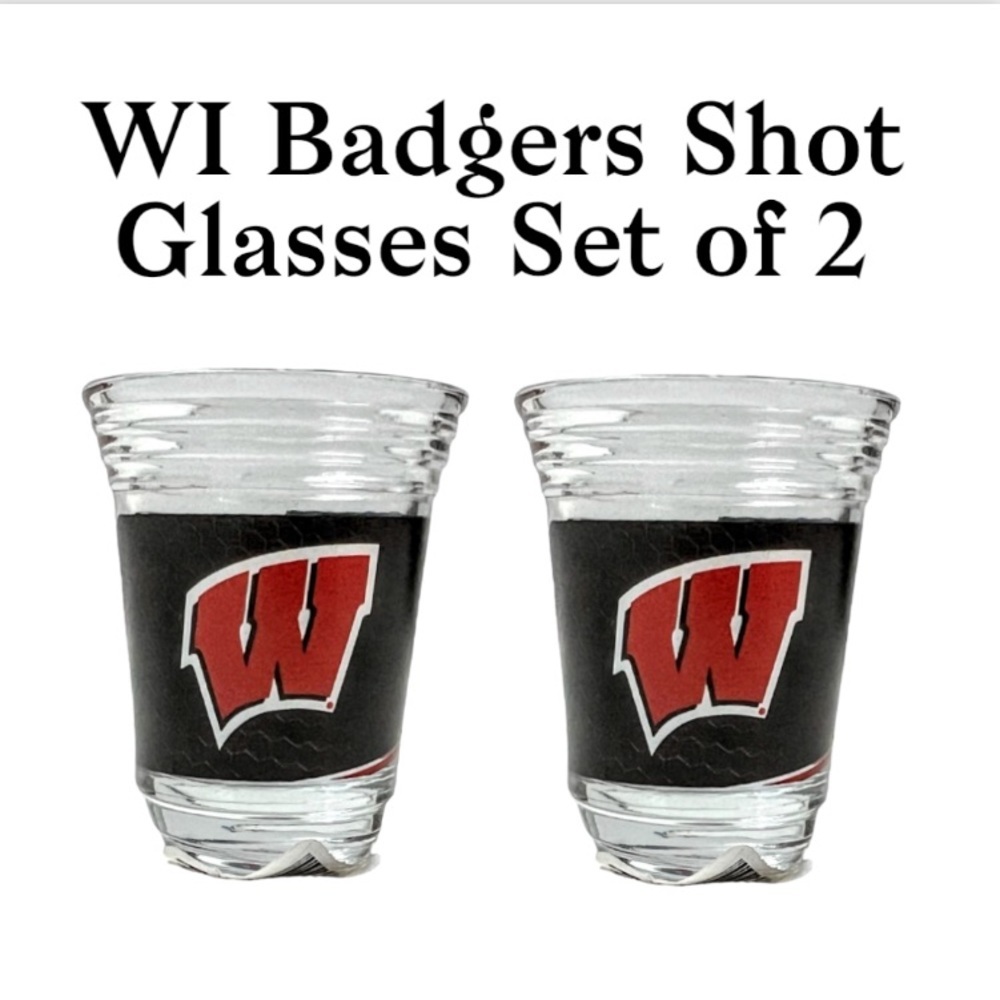 NWT Wisconsin Badgers Mascot Clear Glass Shot Glasses Set of 2
